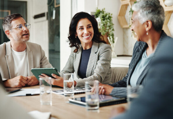 Tablet, corporate and business people in meeting with manager for feedback, research and project. P.